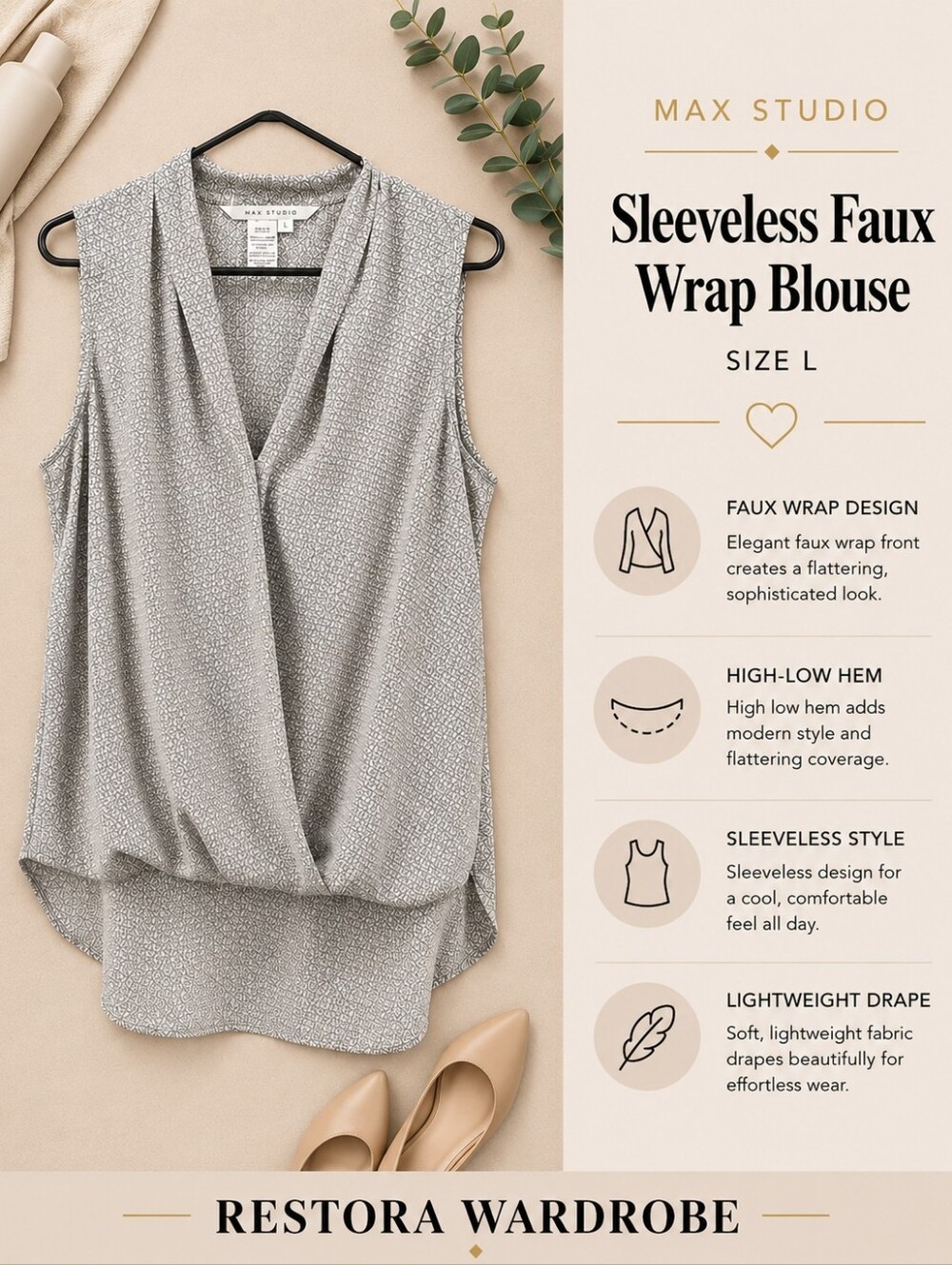 Max Studio Faux Wrap Sleeveless Blouse Size L Black Ivory Career Top